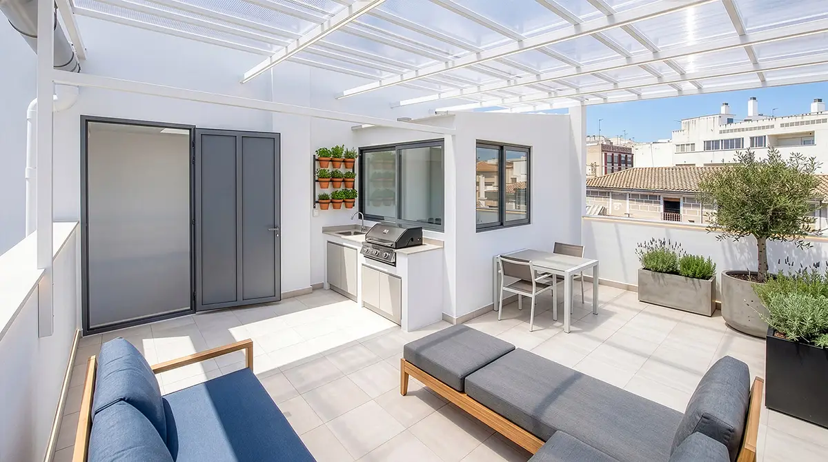 Visualización arquitectónica generada por IA de terraza exterior chill-out con diseño mediterráneo